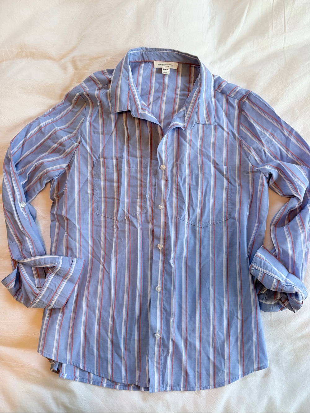 Beachlunchlounge Women’s Blue and Red Stripe Button-Up Shirt